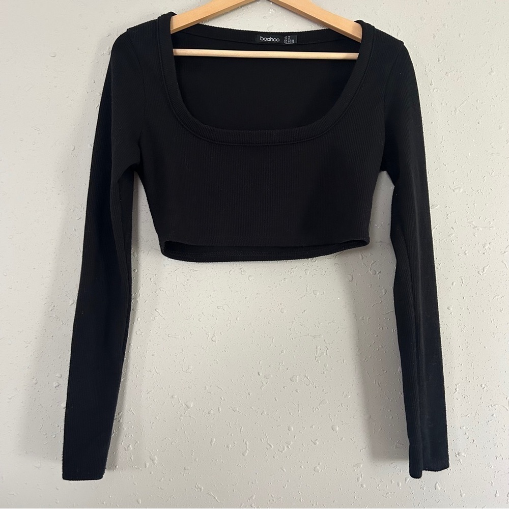 🦋 Boohoo Black Long Sleeve Fitted Crop Top Ribbed Comfy Neutral 6